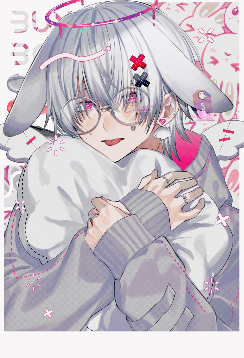 1boy animal_ears bishounen commentary_request droopy_ears earrings grey_hair hair_between_eyes hair_ornament halo heart highres hugging_object iyo_(iyoo) jewelry long_sleeves male_focus multiple_rings original pillow pillow_hug pink_eyes rabbit rabbit_boy rabbit_ears ring ringed_eyes short_hair solo stud_earrings teardrop-framed_glasses tongue tongue_out upper_body x_hair_ornament