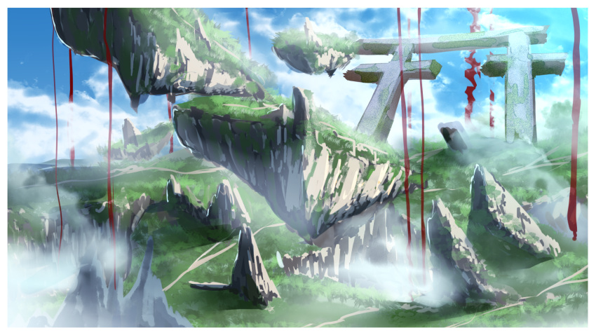 blue_sky cloud commentary_request concept_art day floating_island grass highres kuro_kosyou no_humans original outdoors path scenery sketch sky torii