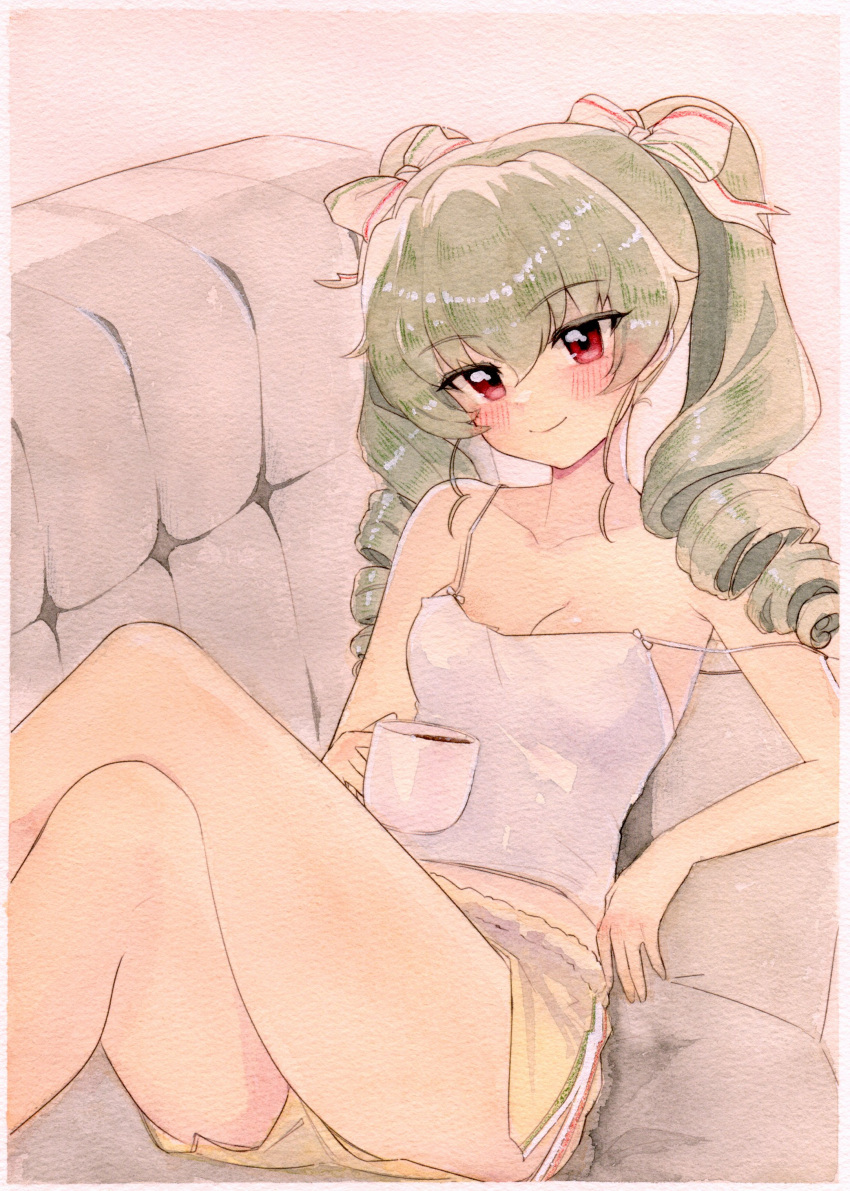 1girl absurdres alternate_costume anchovy_(girls_und_panzer) blush bow breasts cleavage closed_mouth collarbone commission couch crossed_legs drill_hair fei_(bell_fei) girls_und_panzer green_hair hair_bow highres looking_at_viewer lying medium_breasts on_back red_eyes shorts smile solo twin_drills white_bow yellow_shorts
