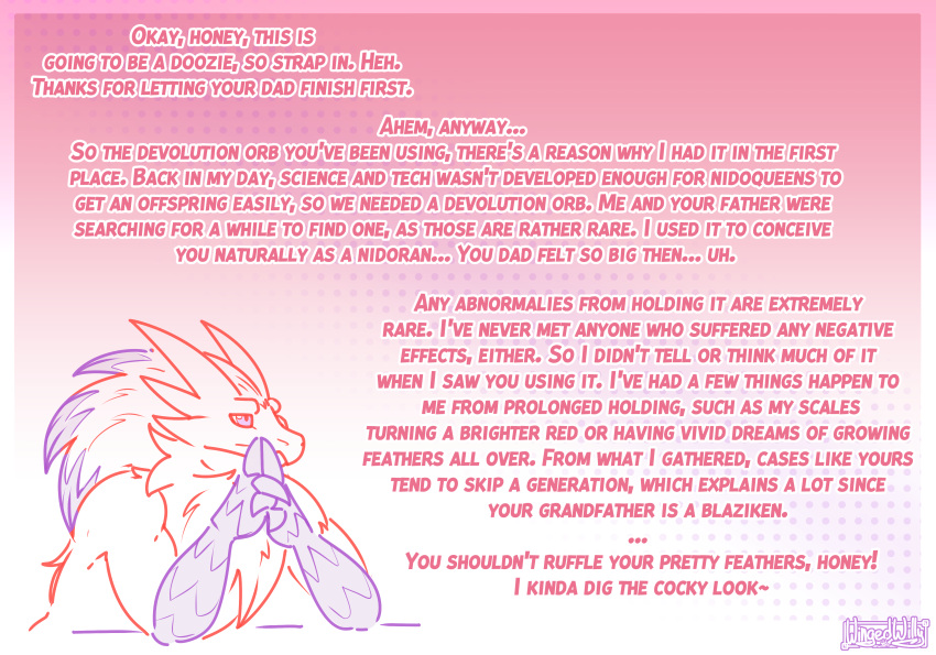 absurd_res after_transformation blaziken dialogue english_text generation_3_pokemon hi_res kason_(spindaspinda) male nintendo parent_(lore) parent_and_child_(lore) parent_and_son_(lore) pokemon pokemon_(species) solo son_(lore) text wingedwilly