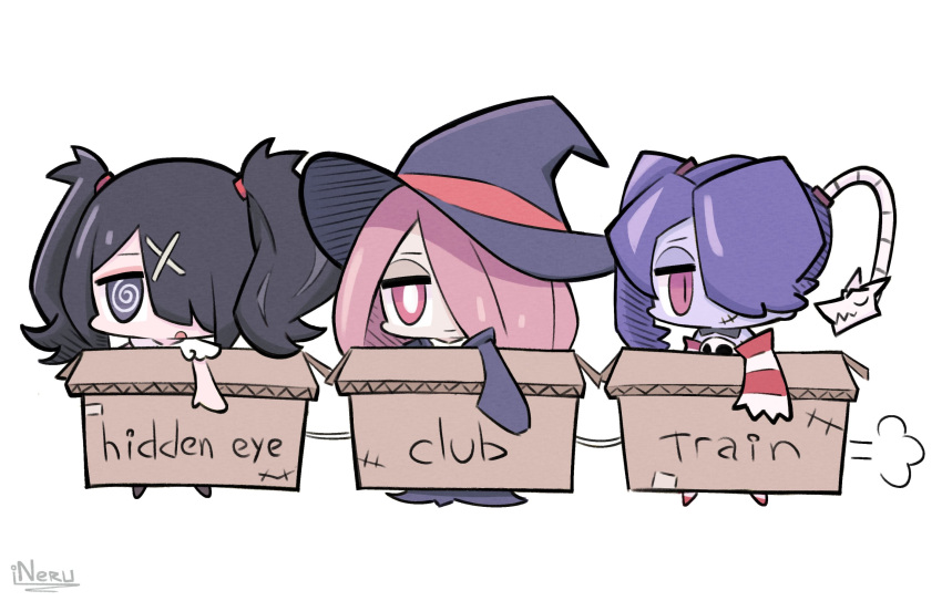 3girls @_@ ame-chan_(needy_girl_overdose) artist_name bare_shoulders black_eyes black_hair box bright_pupils chibi closed_mouth colored_skin crossover detached_sleeves english_commentary english_text hair_ornament hair_over_one_eye hat highres holding holding_box inerururu jitome little_witch_academia long_hair long_sleeves luna_nova_school_uniform multiple_girls needy_girl_overdose no_shoes object_through_head open_mouth pale_skin pink_eyes pink_hair puff_of_air purple_hair purple_skin school_uniform short_sleeves side_ponytail signature simple_background skull skullgirls sleeves_past_fingers sleeves_past_wrists smile squigly_(skullgirls) stitched_mouth stitches string striped_clothes striped_sleeves sucy_manbavaran twintails white_background white_pupils white_sleeves witch_hat x_hair_ornament zombie