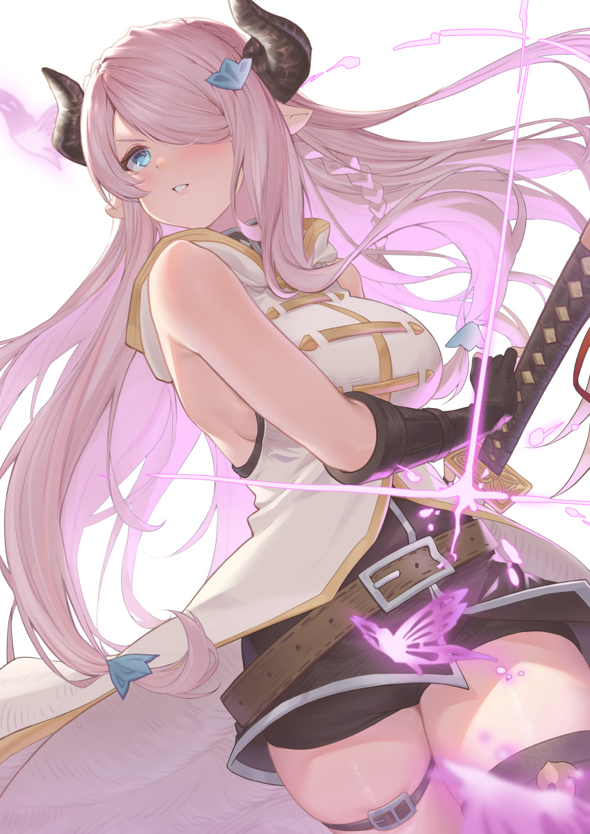 1girl absurdres ajoe_(hakuha_k) bare_shoulders belt belt_buckle black_dress black_gloves black_thighhighs blue_eyes braid breasts brown_belt brown_horns buckle bug butterfly clothing_cutout commentary_request draph dress elbow_gloves gloves granblue_fantasy hair_ornament hair_over_one_eye heart highres holding holding_sword holding_weapon horns jacket katana large_breasts long_hair looking_ahead narmaya_(granblue_fantasy) pointy_ears purple_butterfly purple_hair sheath simple_background single_braid single_thighhigh sleeveless solo sword thigh_strap thighhighs unsheathing upper_body v-shaped_eyebrows weapon white_background white_jacket