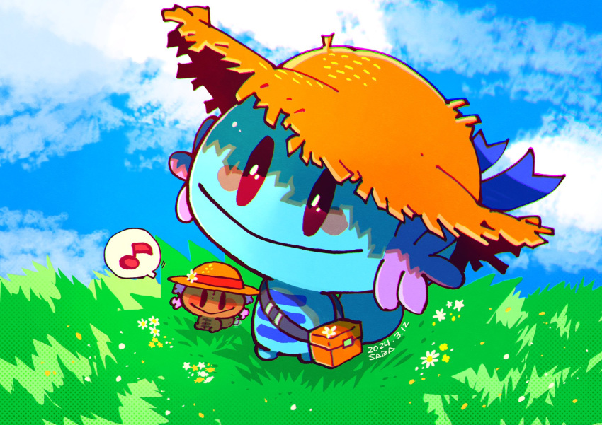 animal_focus artist_name bag blue_sky closed_mouth cloud dated hat highres musical_note no_humans on_grass outdoors paldean_wooper pokemon pokemon_(creature) saba_hokke shoulder_bag sky smile spoken_musical_note standing straw_hat wooper