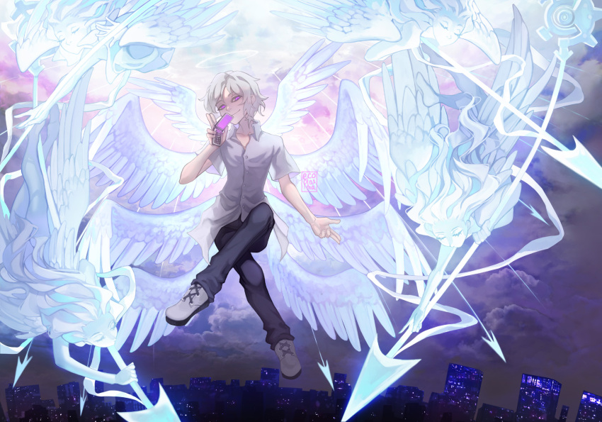 1boy angel_wings bishounen building cellphone city_lights cityscape cloud cloudy_sky collared_shirt crossed_legs ecoplasma feathered_wings finger_gun flip_phone flying full_body grey_shirt halo highres holding holding_phone kiryuu_yoshiya male_focus midair multiple_wings night night_sky phone purple_eyes seraph shirt sitting sky skyscraper smile solo subarashiki_kono_sekai wings