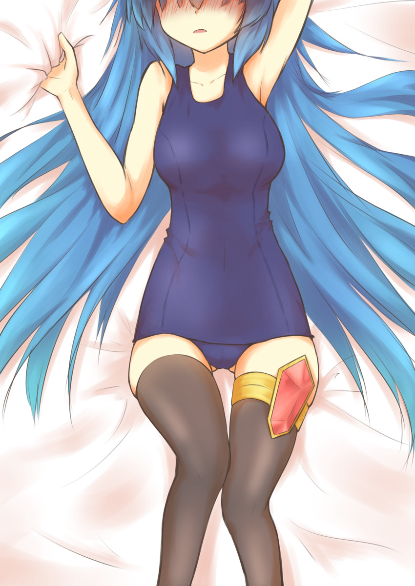 1girl ass_visible_through_thighs asymmetrical_legwear black_thighhighs blue_hair blue_one-piece_swimsuit blue_panties blush breasts collarbone gem highres hikounin_sentai_akibaranger ichikawa_aoi inasotsu large_breasts long_hair nijiyome_gakuen_z-cune_aoi one-piece_swimsuit open_mouth panties red_gemstone school_swimsuit solo swimsuit thighhighs underwear