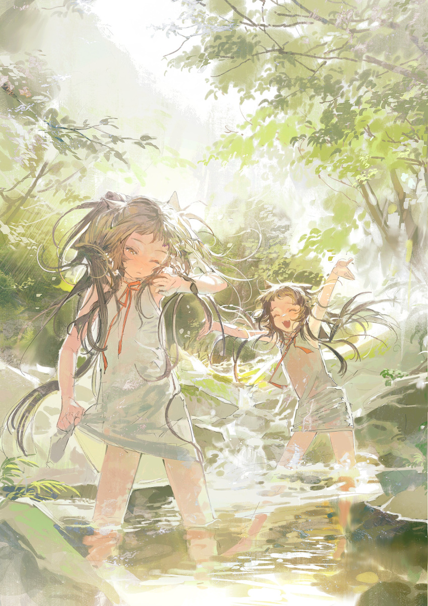 2girls :d absurdres arms_up blush brown_eyes brown_hair closed_eyes day dress highres kurikabacha long_hair multiple_girls nature one_eye_closed open_mouth original outdoors ribbon sleeveless sleeveless_dress smile standing sunlight tree twintails wading water wet white_dress