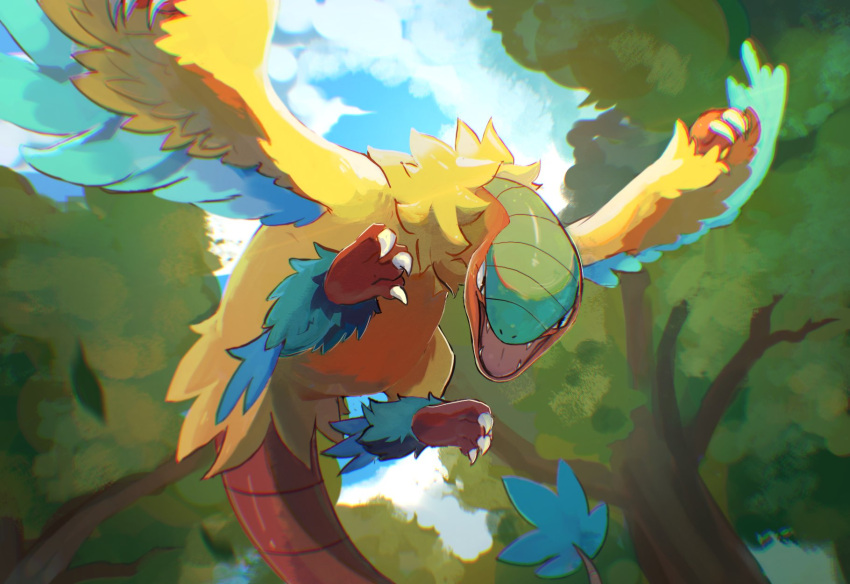 archeops bird blurry blurry_background chufflepop cloud fangs feathered_wings feathers flying from_below highres looking_at_viewer midair outdoors pokemon pokemon_(creature) talons tree wings yellow_feathers