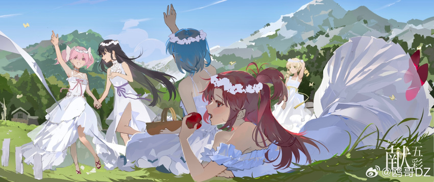 5girls akemi_homura alternate_costume apple arm_up ascot bare_arms bare_legs bare_shoulders basket black_eyes black_hair blonde_hair blue_hair blue_sky bow bowtie bug butterfly chinese_commentary cloud collared_dress commentary_request cross-laced_footwear day dress drill_hair eating field flower food forest from_behind fruit full_body hair_bow hand_on_own_head head_wreath high_collar highres holding holding_basket holding_food holding_fruit holding_hands kaname_madoka light_blush long_dress long_hair lying mahou_shoujo_madoka_magica mahou_shoujo_madoka_magica_(anime) making-of_available miki_sayaka mountain multiple_girls nature on_stomach open_mouth ouge_dz outdoors parted_lips picnic_basket pink_bow pink_bowtie pink_eyes pink_footwear pink_hair ponytail purple_ribbon red_eyes red_footwear red_hair ribbon sakura_kyoko shoes short_hair short_sleeves short_twintails sitting sky sleeveless sleeveless_dress smile spaghetti_strap teeth tomoe_mami twin_drills twintails upper_teeth_only very_long_hair waist_ribbon watermark waving weibo_logo weibo_username white_ascot white_bow white_dress white_flower white_sleeves yellow_ribbon