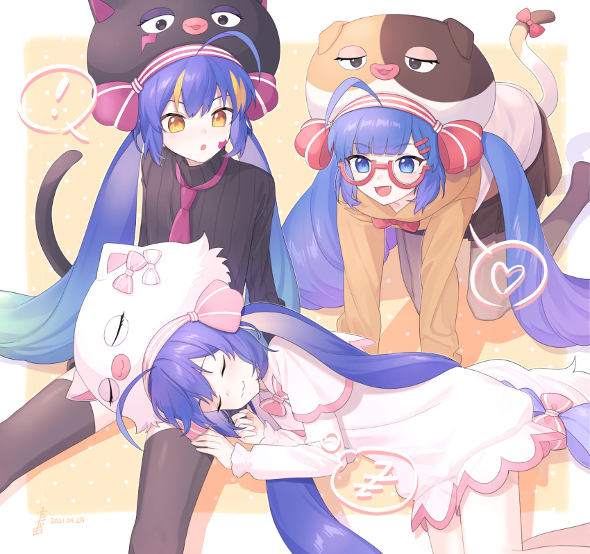 ! 3girls absurdres ahoge all_fours alternate_costume alternate_eye_color animal_hat arms_at_sides black_headwear black_pantyhose black_skirt black_sweater black_tail black_thighhighs blue_eyes blue_hair blunt_bangs blush border bow bowtie brown_headwear brown_tail cat_hat cat_tail closed_eyes closed_mouth dress facial_mark fang gradient_hair green_hair hair_between_eyes hair_ornament hairclip hat heart highres hood hood_down hoodie large_hat long_hair long_sleeves looking_at_another low_twintails multicolored_clothes multicolored_hair multicolored_headwear multicolored_tail multiple_girls multiple_persona necktie no_shoes open_mouth orange_background orange_eyes orange_hair orange_headwear orange_hoodie orange_tail otomachi_una otomachi_una_(spicy) otomachi_una_(sugar) otomachi_una_(talkex) pantyhose pink_bow pink_necktie pink_trim polka_dot polka_dot_background purple_hair red-framed_eyewear red_bow sitting skirt sleeping smile spoken_exclamation_mark spoken_heart streaked_hair striped_bow striped_clothes striped_sweater suiso_sn3 sweater tail talkex thighhighs turtleneck turtleneck_sweater twintails two-tone_hoodie v-shaped_eyebrows vertical-striped_sweater very_long_hair vocaloid white_border white_dress white_headwear white_hoodie white_tail white_trim zzz