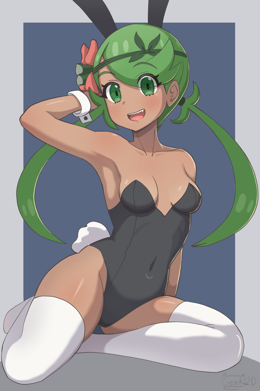 1girl :d absurdres alternate_costume animal_ears black_leotard blush breasts collarbone commentary covered_navel eyelashes flower full-body_tattoo genki2d green_eyes green_hair green_headband hair_flower hair_ornament hand_up headband highres leotard long_hair mallow_(pokemon) open_mouth pink_flower playboy_bunny pokemon pokemon_sm rabbit_ears rabbit_tail signature smile solo tail tattoo teeth thighhighs tongue twintails upper_teeth_only white_thighhighs wrist_cuffs