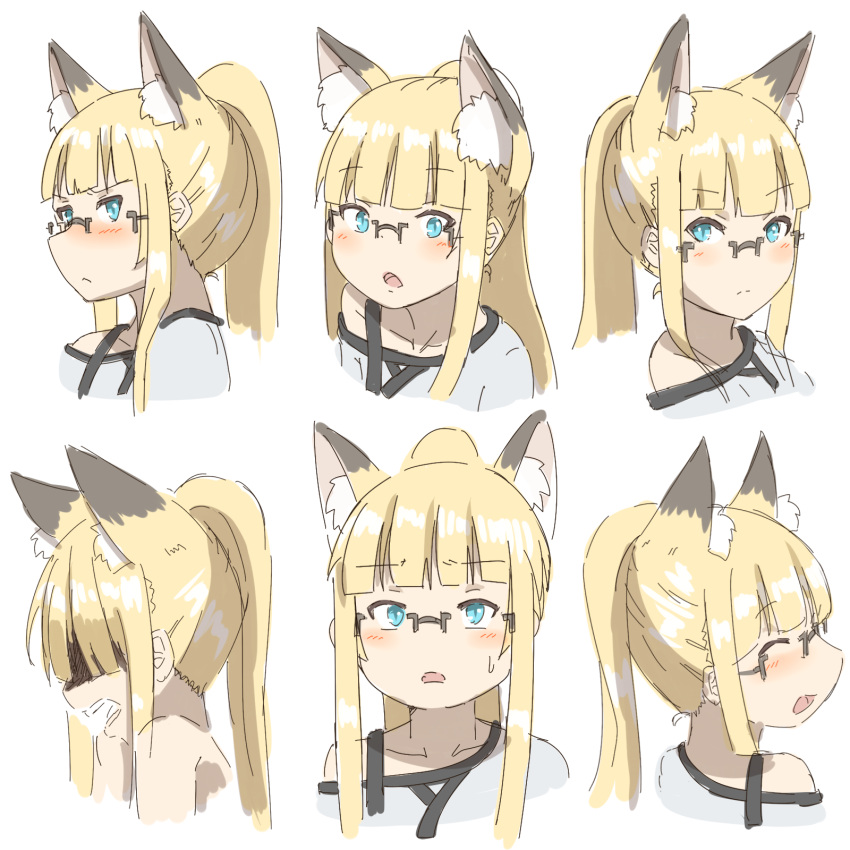 1girl :d ^_^ animal_ears bare_shoulders blue_eyes blush closed_eyes closed_mouth cropped_torso fox_ears glasses grey_shirt highres kuro_kosyou long_hair multiple_views nose_blush open_mouth original ponytail shaded_face shirt simple_background smile sweat upper_body v-shaped_eyebrows white_background