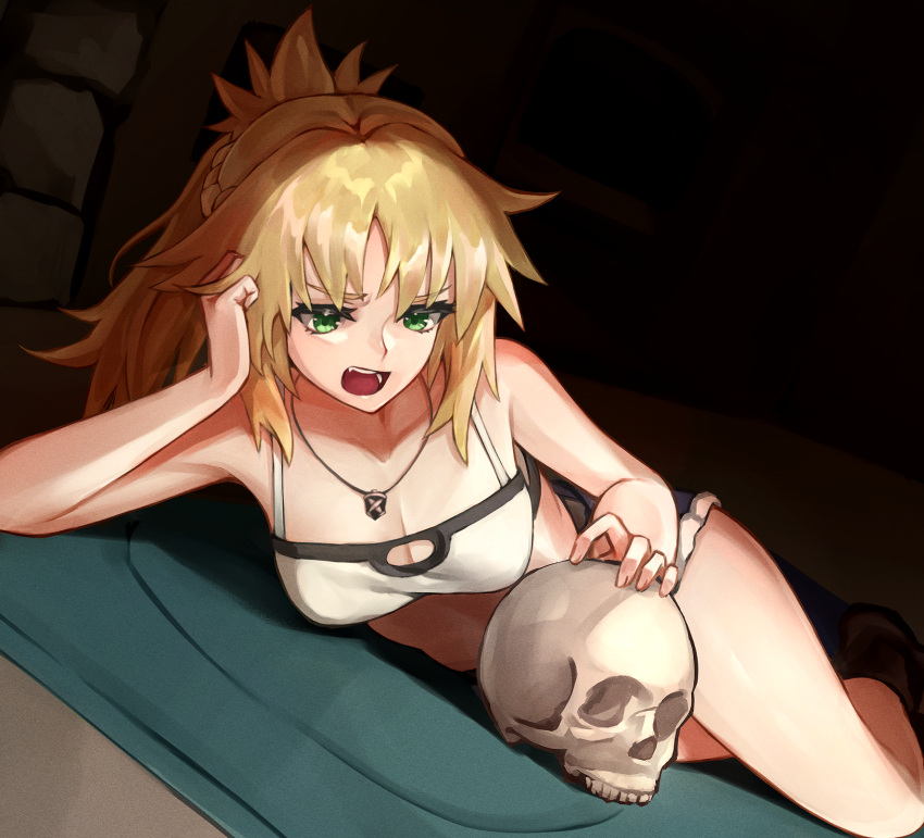 1girl bandeau bare_shoulders blonde_hair blue_shorts braid breasts cleavage collarbone commentary english_commentary fate/apocrypha fate_(series) french_braid green_eyes head_rest highres indoors jewelry lying medium_breasts mordred_(fate) mordred_(fate/apocrypha) mordred_(memories_at_trifas)_(fate) necklace open_mouth ponytail short_hair short_shorts shorts skull solo teeth thighs umeo_(pixiv51103813) upper_teeth_only