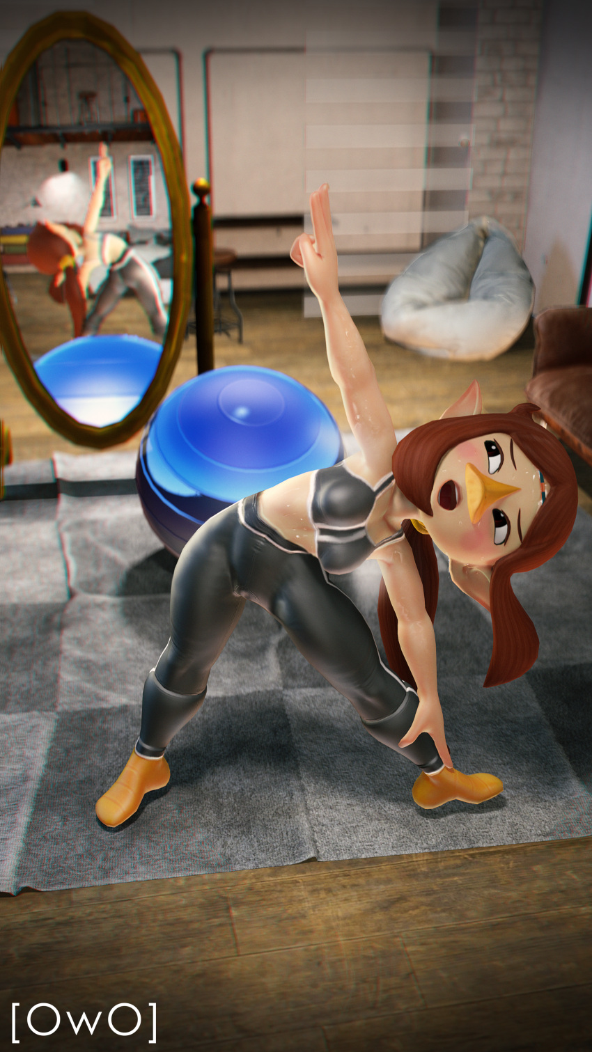 3d_(artwork) 4k 9:16 absurd_res animal_humanoid anthro avian avian_humanoid beak big_breasts blush bodily_fluids bottomwear breasts camel_toe clothed clothing digital_media_(artwork) exercise_ball female hair hi_res humanoid humanoid_pointy_ears inside medli mirror mirror_reflection nintendo open_mouth owo_sfm pants reflection rito shirt solo stretching sweat the_legend_of_zelda tight_clothing topwear wind_waker yoga yoga_pants