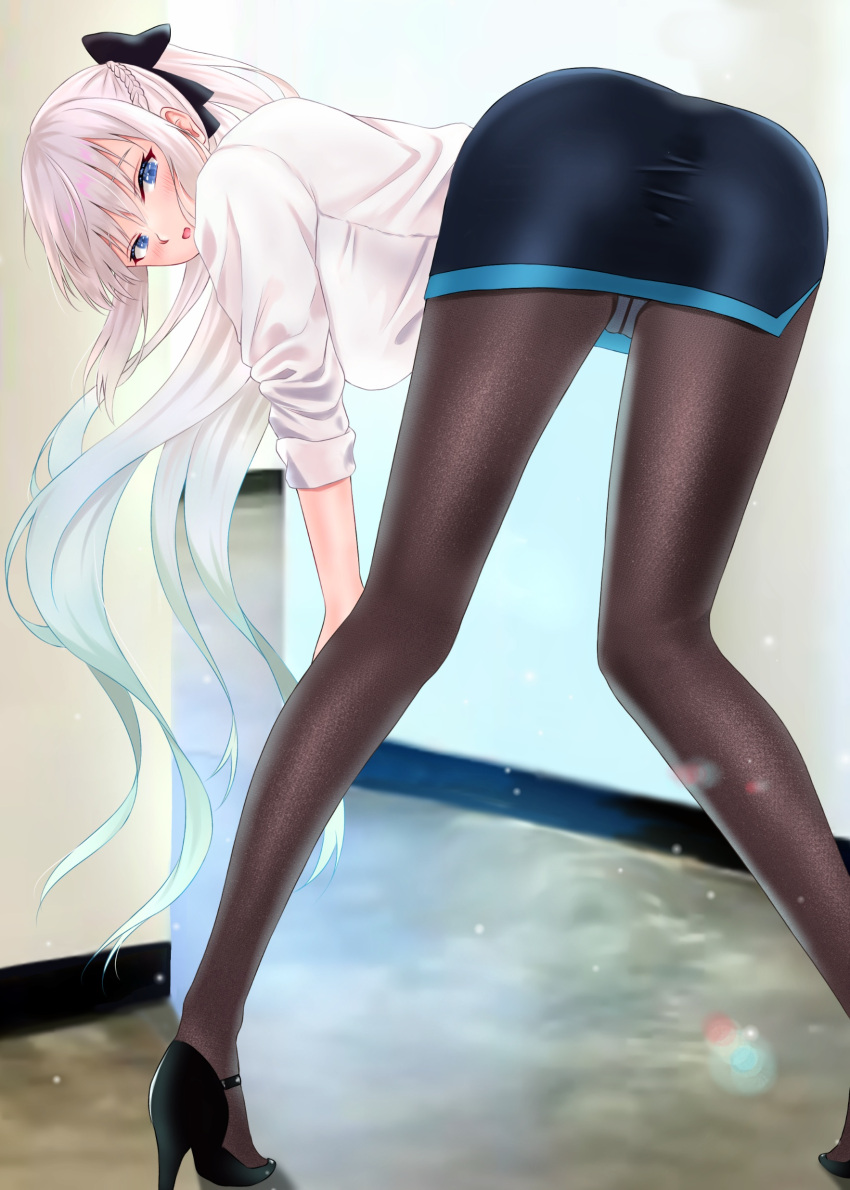 1girl absurdres ass back black_bow black_dress black_footwear black_skirt blue_eyes blush bow braid breasts collared_shirt dress dress_shirt fate/grand_order fate_(series) french_braid from_behind full_body grey_hair hair_bow high_heels highres large_breasts long_hair long_sleeves looking_at_viewer looking_back morgan_le_fay_(chaldea_satellite_station)_(fate) morgan_le_fay_(fate) office_lady pantyhose pencil_skirt ponytail shirt shoes sidelocks skirt socks solo standing thighhighs thighs very_long_hair white_shirt yayanri