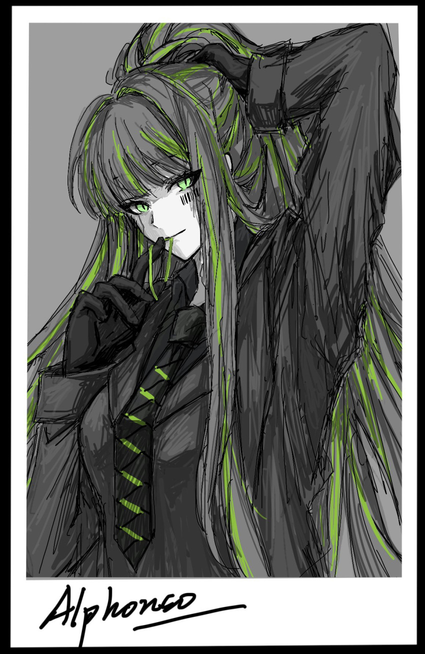 1girl alfonso_(project_moon) arm_up ashi_(dongshi389) barcode barcode_tattoo black_gloves black_jacket black_necktie black_shirt black_vest character_signature closed_mouth collared_shirt gloves green_eyes hair_tie_in_mouth highres jacket limbus_company looking_at_viewer mouth_hold necktie project_moon shirt smile solo tattoo tying_hair vest