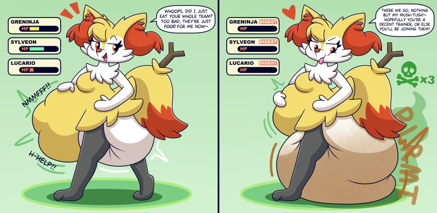 abdominal_bulge absurd_res anthro bone braixen calling_for_help clothing death diaper diaper_disposal digestion disposal excessive_feces fart feces female forced generation_6_pokemon heart_symbol hi_res hyper hyper_feces nintendo nyxiettenyxstar pokemon pokemon_(species) pooping same_size_vore skull smelly smile smug solo stink_lines tongue tongue_out underwear vore