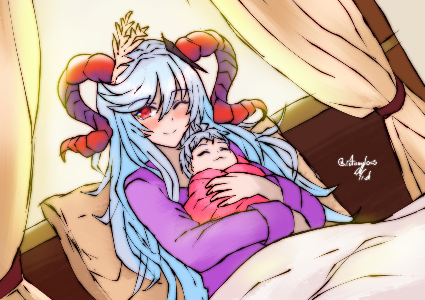 1girl 1other ahoge alternate_costume blanket blue_hair fire_emblem fire_emblem_heroes freyja_(fire_emblem) hair_between_eyes highres holding_baby horns light_blue_hair long_hair looking_at_viewer mother_and_child on_bed one_eye_closed pillow red_eyes rotomdocs smile stella_glow very_long_hair