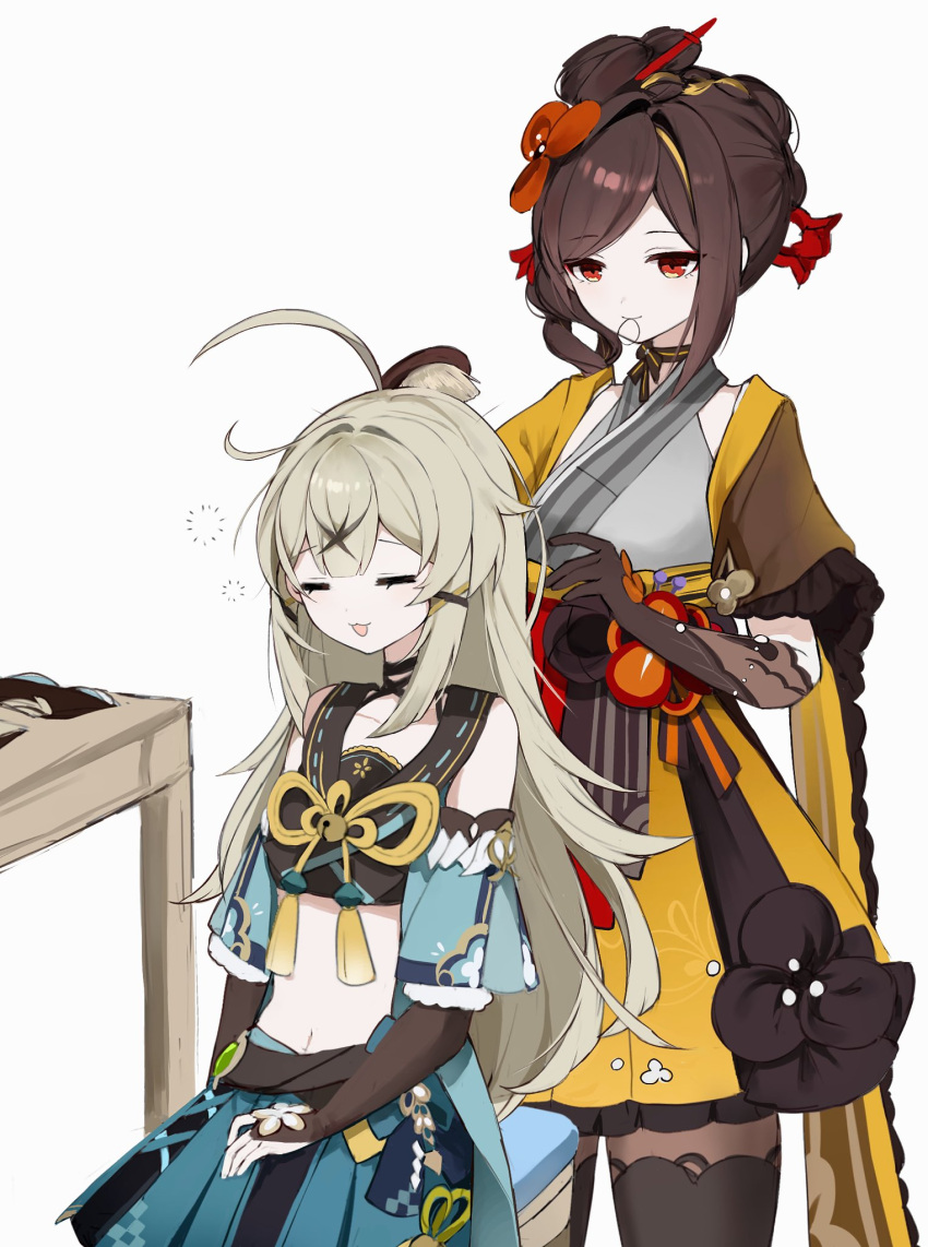 2girls =_= aqua_skirt asymmetrical_sidelocks black_hair black_pantyhose blonde_hair brushing_hair chiori_(genshin_impact) choker closed_eyes closed_mouth comb commentary_request crop_top detached_sleeves drill_hair drill_ponytail gaiters genshin_impact grey_kimono hair_ornament highres holding holding_comb japanese_clothes kimono kirara_(genshin_impact) light_brown_hair midriff mouth_hold multicolored_hair multiple_girls nirako_mona open_mouth pantyhose red_eyes red_sash ribbon_choker sash side_ponytail simple_background sitting skirt smile streaked_hair thighhigh_gaiters thighhighs thighhighs_over_pantyhose white_background yellow_kimono