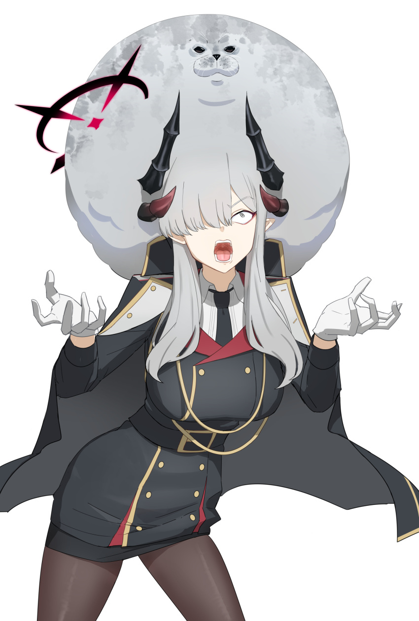 1girl absurdres bakaking belt black_belt black_coat black_horns black_pantyhose blue_archive coat cowboy_shot demon_horns gloves grey_eyes grey_hair halo highres horns long_hair long_sleeves makoto_(blue_archive) multiple_horns open_mouth pantyhose red_halo simple_background solo white_background white_gloves