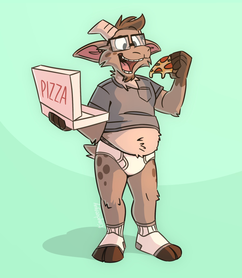 anthro belly bovid briefs caprine clothed clothing eating eyewear food footwear freckles gary_(tinydeerguy) glasses goat hi_res horn hungry male mammal nerd open_mouth pizza pizza_box raised_clothing raised_shirt raised_topwear shirt slightly_chubby socks solo spots teeth tighty_whities tinydeerguy tongue topwear underwear white_briefs white_clothing white_underwear