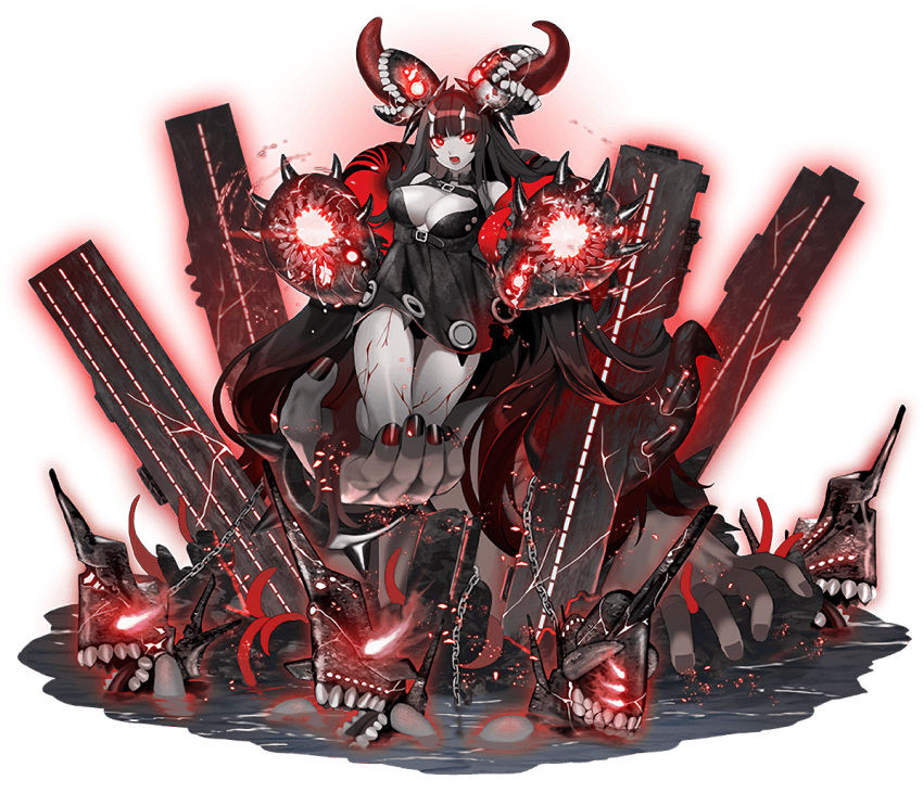 1girl abyssal_ship artist_request atoll_aircraft_carrier_anchorage_princess bare_shoulders black_dress black_hair black_panties breasts chain colored_skin cracked_skin dress full_body grey_skin horns kantai_collection large_breasts long_hair looking_at_viewer official_art open_mouth pale_skin panties saliva short_dress sleeveless sleeveless_dress teeth tongue transparent_background underwear very_long_hair water