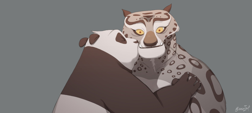 amuriart anthro bear black_body black_fur dreamworks duo eyes_closed felid fur giant_panda grey_body grey_fur hi_res kissing kung_fu_panda male male/male mammal master_po_ping pantherine snow_leopard tai_lung_(kung_fu_panda) white_body white_fur