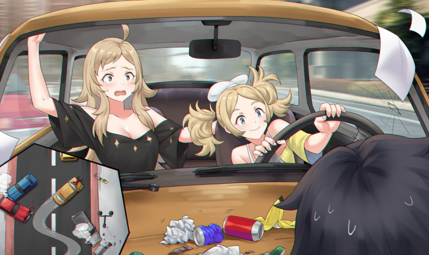 1other 2girls alternate_costume banana_peel bare_shoulders black_hair black_shirt blonde_hair bra_strap breasts can car cleavage commentary driving fire_emblem fire_emblem_awakening fire_emblem_fates grey_eyes highres igni_tion lissa_(fire_emblem) long_hair medium_breasts motor_vehicle multiple_girls off-shoulder_shirt off_shoulder open_mouth ophelia_(fire_emblem) paper shirt short_sleeves twintails upper_body very_long_hair white_headwear yellow_shirt