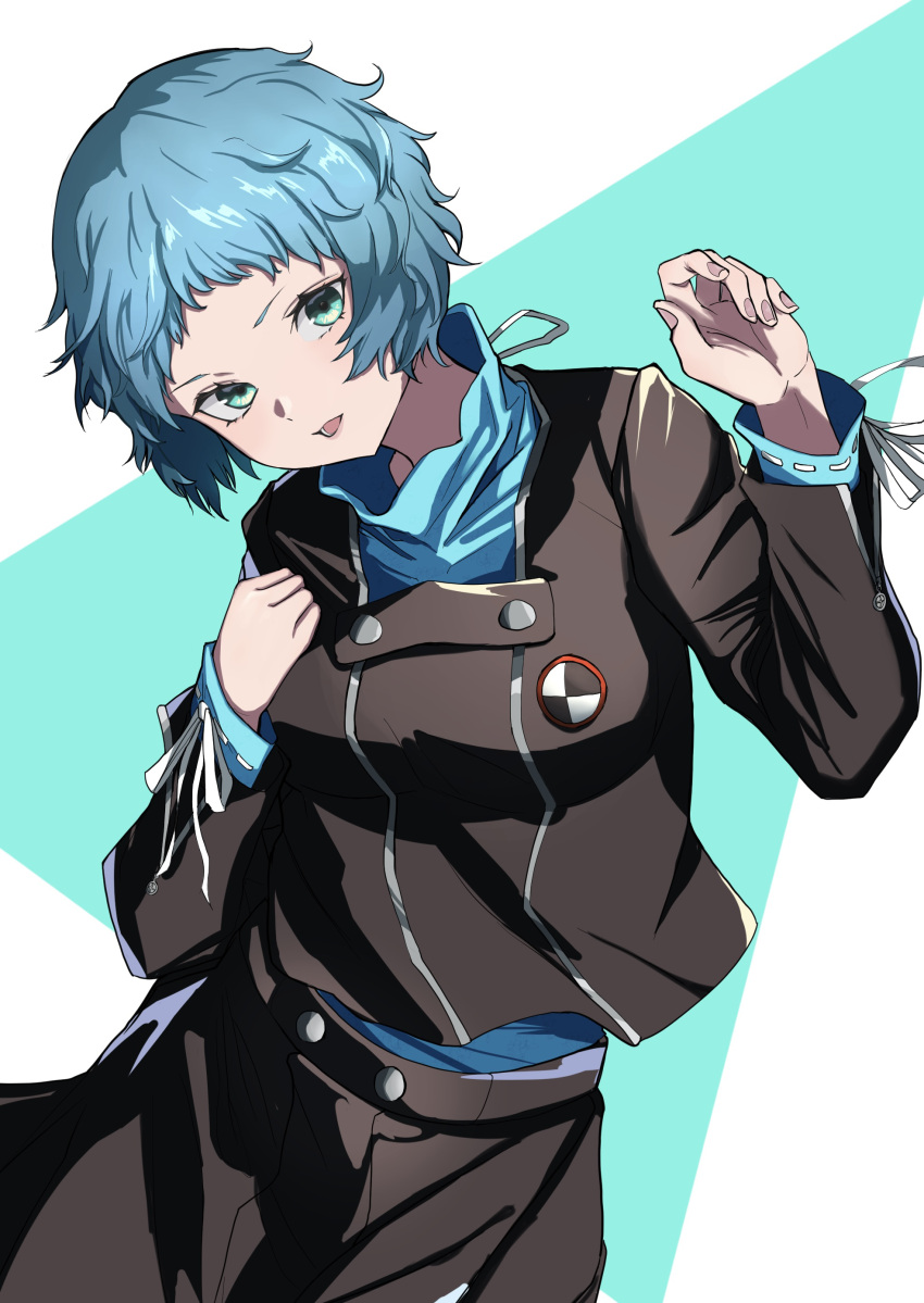 1girl absurdres aqua_hair aqua_shirt black_jacket black_skirt blue_eyes cowboy_shot gekkoukan_high_school_uniform hand_up highres jacket long_hair looking_at_viewer open_mouth persona persona_3 persona_3_reload ribbon s-m-53413 school_uniform shirt short_hair skirt solo turtleneck turtleneck_shirt white_ribbon yamagishi_fuuka