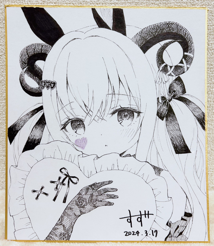 1girl animal_ears blush bow chitosezaka_suzu commentary_request dated elbow_gloves facial_mark frilled_pillow frills gloves hair_between_eyes hair_bow hand_up heart heart-shaped_pillow highres holding holding_pillow horn_ornament horn_ribbon horns long_hair looking_at_viewer original parted_lips photo_(medium) pillow rabbit_ears ribbon signature solo traditional_media twintails