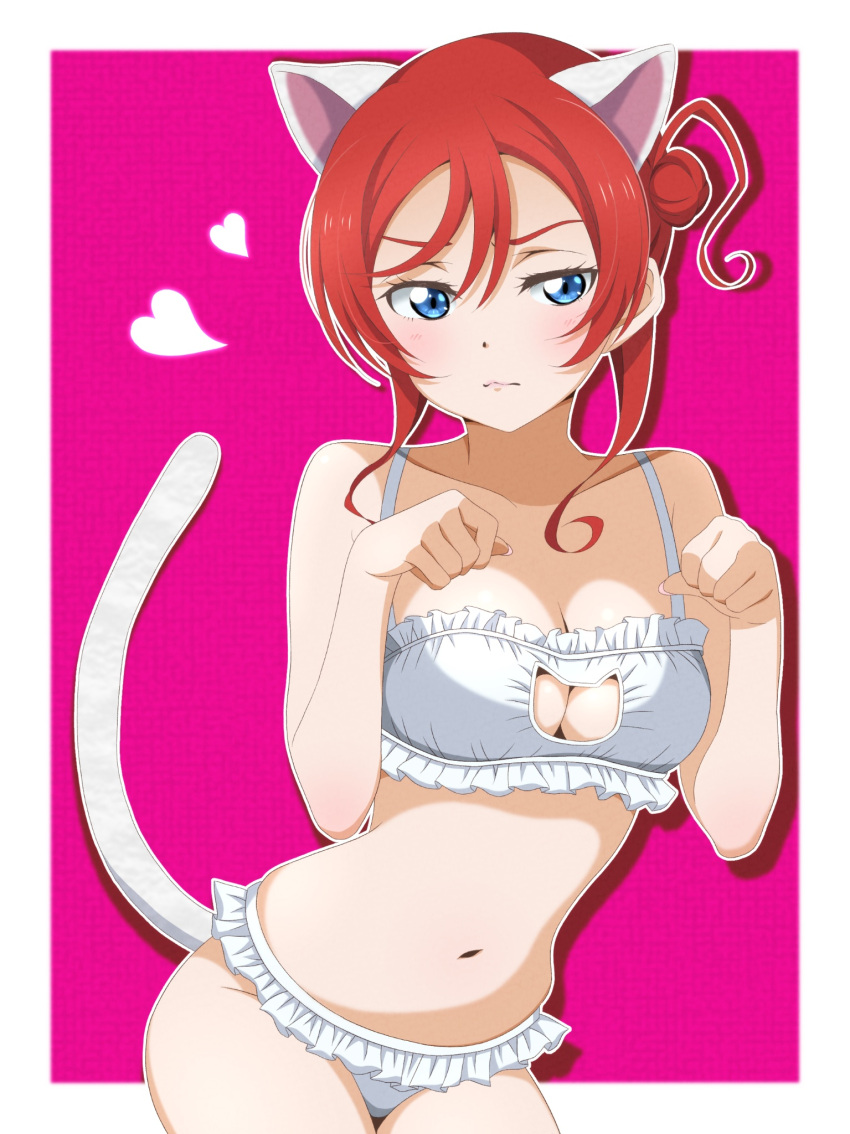 1girl animal_ears bare_shoulders blue_eyes border bra breasts cat_ears cat_lingerie cat_tail cleavage closed_mouth collarbone commentary_request frilled_bra frilled_panties frills hair_bun heart highres looking_at_viewer love_live! love_live!_superstar!! medium_breasts medium_hair meme_attire midriff navel outside_border panties paw_pose pink_background red_hair sidelocks single_side_bun solo tail underwear upper_body v-shaped_eyebrows white_border white_bra white_panties yoneme_mei yukiha_(hat731919)