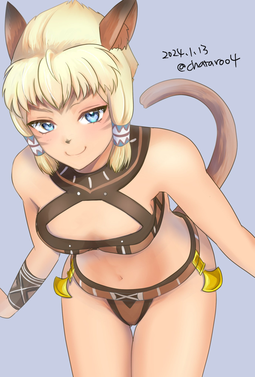 1girl 2024 adventurer_(ff11) animal_ear_fluff animal_ears bare_shoulders bent_over blonde_hair blue_eyes bra breasts cat_ears cat_girl cat_tail chatarou_bekkan closed_mouth cowboy_shot dated eyelashes facial_mark final_fantasy final_fantasy_xi grey_background hair_tubes highres looking_at_viewer medium_breasts mithra_(ff11) navel no_eyebrows panties short_bangs short_hair smile solo tail thigh_gap thighs twitter_username underwear whisker_markings