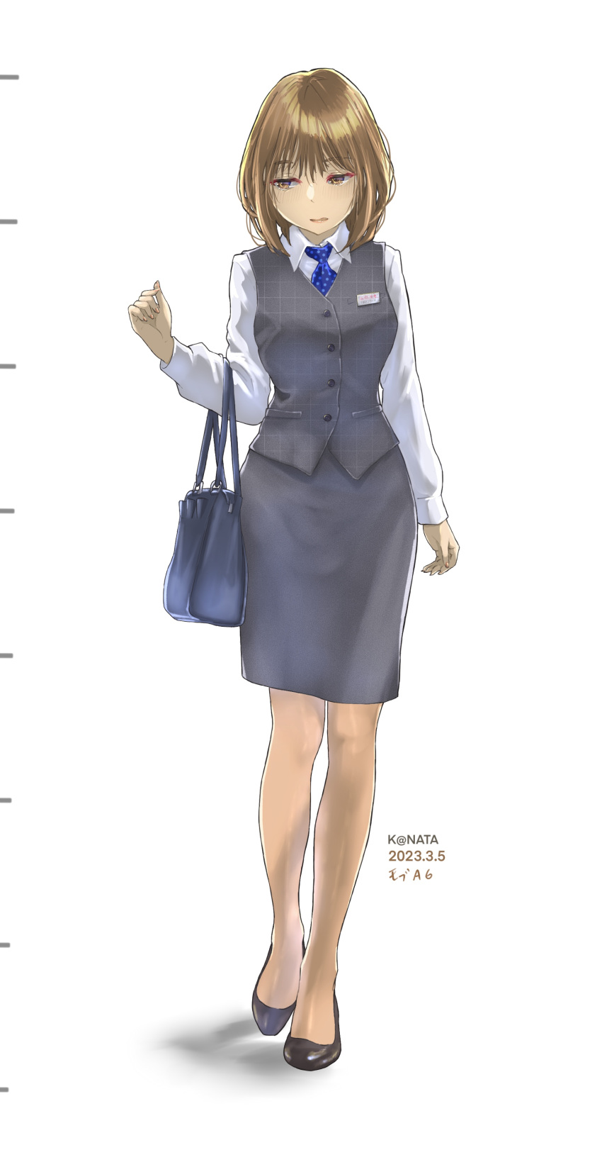 1girl absurdres bag black_bag black_footwear blue_necktie brown_hair collared_shirt fingernails full_body high_heels highres long_sleeves looking_down looking_to_the_side name_tag necktie office_lady original pencil_skirt shirt short_hair skirt white_shirt y.kami_nao/take