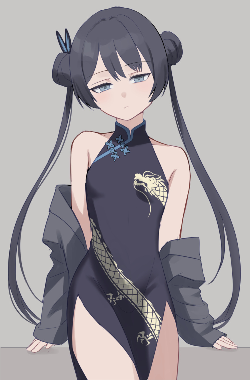 1girl bare_shoulders black_dress black_hair blue_archive braid braided_bun butterfly_hair_ornament china_dress chinese_clothes closed_mouth clothes_down coat commentary_request double_bun dragon_print dress frown grey_coat grey_eyes hair_bun hair_ornament highres kisaki_(blue_archive) leaning_back long_hair long_sleeves looking_at_viewer nzmtarou pelvic_curtain side_slit sleeveless sleeveless_dress solo twintails