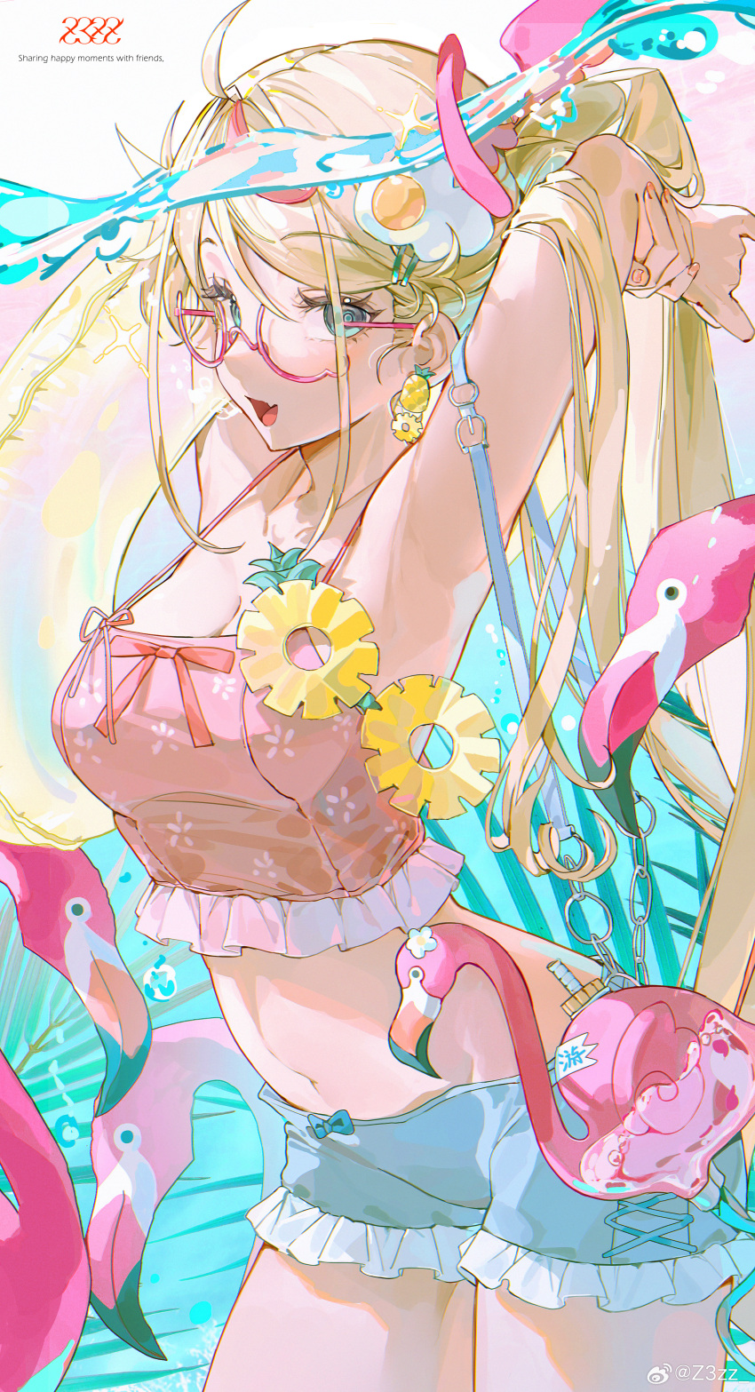 1girl absurdres ahoge arm_up armpits bag bird blonde_hair blue_shorts breasts cleavage cowboy_shot crop_top earrings fang fingernails flamingo food-themed_earrings food-themed_hair_ornament glasses green_eyes hair_between_eyes hair_ornament highres jewelry large_breasts long_hair looking_at_viewer navel open_mouth original pineapple_earrings pink_bag short_shorts shorts sidelocks smile solo stomach teardrop-framed_glasses z3zz4
