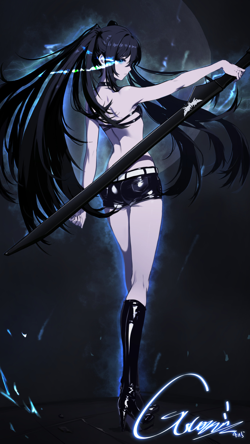 1girl absurdres ass ass_peek back bare_arms bare_shoulders belt bikini bikini_top_only black_bikini black_footwear black_hair black_rock_shooter black_rock_shooter_(character) black_shorts blue_eyes boots breasts choker commentary_request from_behind full_body guzzzzi high_heel_boots high_heels highres holding holding_sword holding_weapon knee_boots kneepits long_hair looking_back pale_skin short_shorts shorts signature small_breasts solo standing swimsuit sword twintails very_long_hair weapon white_belt