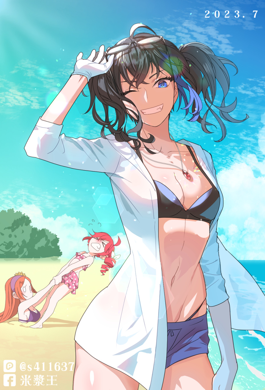 &gt;_&lt; 1boy 2023 2girls ahoge alternate_costume beach bikini black_bikini black_hair black_shorts blue_eyes blue_hair blue_sky blush breasts bush cleavage cloud dated drill_hair eyewear_on_head facebook_logo facebook_username gloves hairband highres jacket jewelry kasane_teto kasane_teto_(sv) looking_at_viewer male_with_breasts mob_face multicolored_hair multiple_girls namine_ritsu navel necklace o_o one_eye_closed open_clothes open_jacket orange_hair pink_bikini pixiv_logo pixiv_username polka_dot polka_dot_bikini purple_bikini purple_hairband quicksand red_hair s411637 sand shorts sky smile solo_focus streaked_hair sunglasses swimsuit synthesizer_v teeth twin_drills utau water white_gloves white_hair white_jacket yokune_ruko