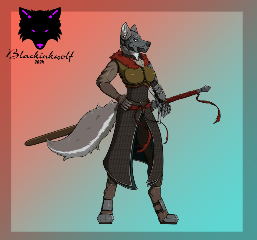 anthro armor armored_boots armored_gloves blackinkwolf canid canine canis chainmail clothed clothing digital_media_(artwork) fantasy female full_armor fur great_sword hand_on_hip headgear helmet hi_res line_art mammal melee_weapon military muscular muscular_female pinup pose simple_background soldier solo sword tail warrior weapon wolf yuki_(blackinkwolf)