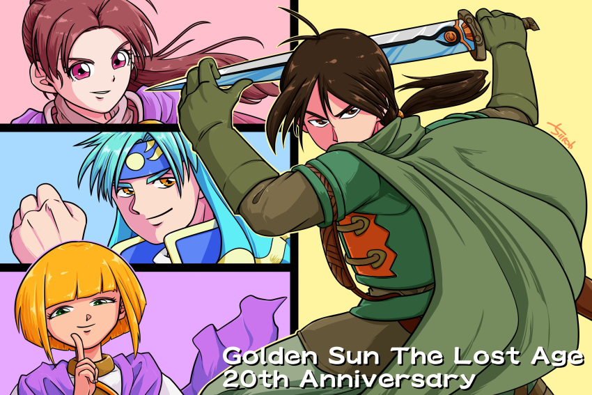 2boys 2girls blonde_hair brown_eyes brown_gloves brown_hair cape closed_mouth commentary felix_(golden_sun) gloves golden_sun green_eyes highres holding holding_sword holding_weapon jenna_(golden_sun) long_hair looking_at_viewer multiple_boys multiple_girls piers_(golden_sun) sheba_(golden_sun) short_hair smile sword tirinyu weapon