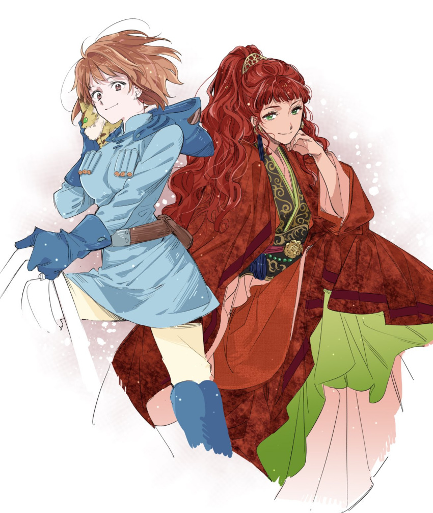 2girls animal belt blue_dress blue_footwear blue_gloves brown_belt brown_hair commentary_request crossover dress gloves green_eyes hair_ornament half_updo hand_on_own_cheek hand_on_own_face highres hooded_dress kaze_no_tani_no_nausicaa long_hair long_sleeves multiple_girls nausicaa oekaki-daisuki-dessu ran_(ran_0605) red_hair short_hair sitting smile standing teto_(nausicaa) very_long_hair wavy_hair