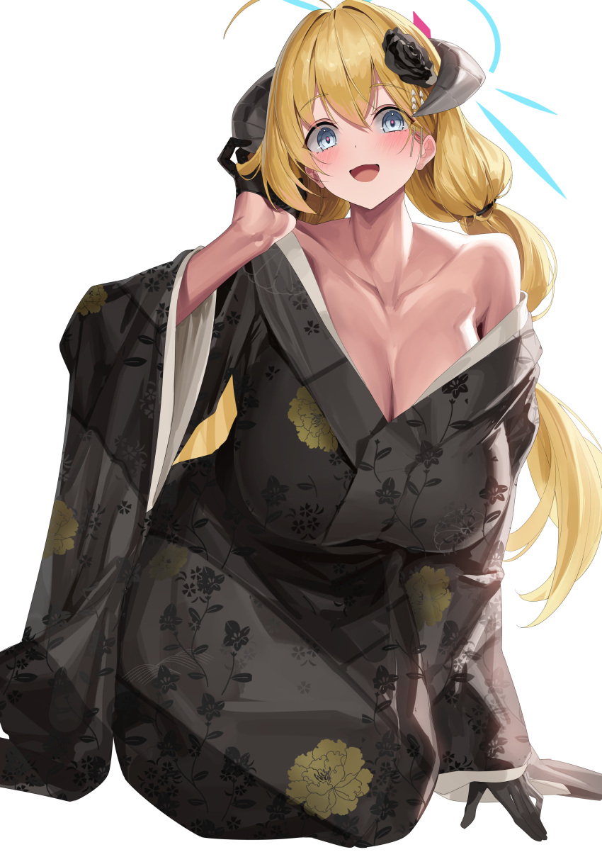 1girl absurdres akari_(blue_archive) akari_(new_year)_(blue_archive) black_gloves black_kimono blonde_hair blue_archive blue_eyes braid breasts cleavage floral_print gloves hair_ornament half_gloves hand_up highres horns japanese_clothes kimono large_breasts long_hair long_sleeves looking_at_viewer official_alternate_costume open_mouth simple_background single_braid smile solo white_background wide_sleeves yamanokami_eaka