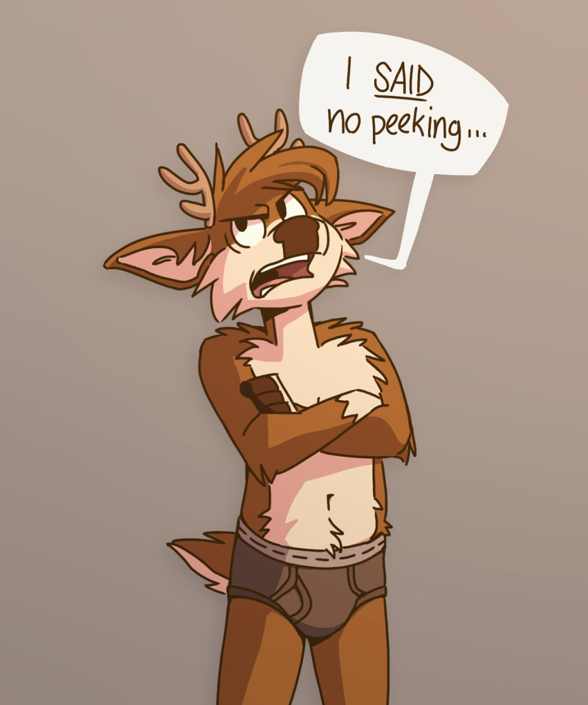 angry anthro antlers black_briefs black_clothing black_nose black_underwear briefs briefs_only brown_body brown_fur brown_hair bulge clothed clothing colored_briefs colored_underwear crossed_arms darwin_(tinydeerguy) deer embarrassed english_text fur grey_background grumpy hair hi_res horn male mammal open_mouth simple_background solo speech_bubble tan_body tan_fur teeth_showing text tinydeerguy tongue_showing topless underline underlined_text underwear underwear_only