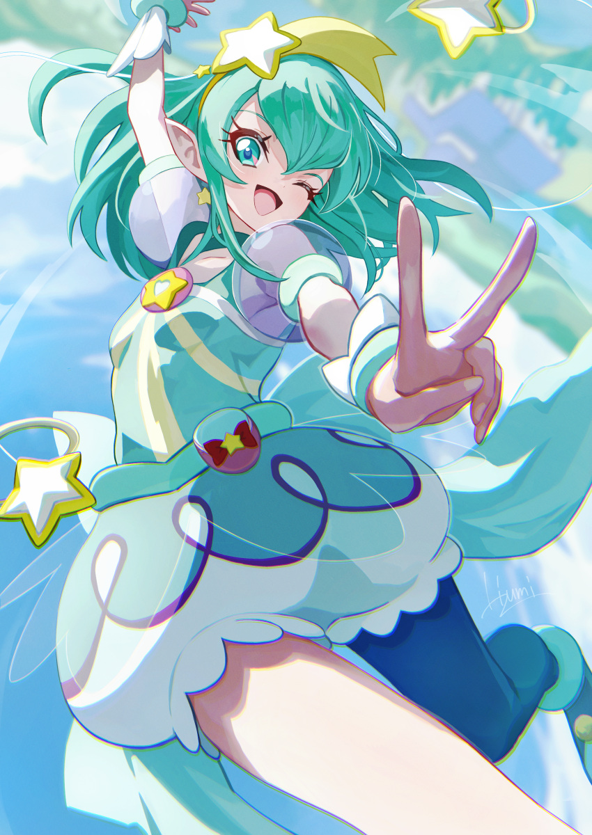 1girl absurdres aqua_eyes aqua_hair blue_hair blue_sky blurry blurry_background choker city cure_milky dress earrings flying forest hair_ornament hairband highres jewelry long_hair looking_at_viewer magical_girl nature one_eye_closed open_mouth pointy_ears precure see-through see-through_sleeves short_sleeves single_leg_pantyhose sky smile solo star_(symbol) star_earrings star_hair_ornament star_twinkle_precure takahashi_hizumi tree upside-down v yellow_hairband