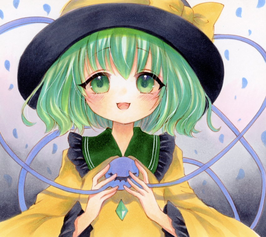 1girl black_headwear blouse blush bow collared_shirt frilled_shirt_collar frilled_sleeves frills gradient_background green_eyes green_hair grey_background hair_between_eyes hat hat_bow hat_ribbon highres komeiji_koishi light_smile long_sleeves looking_at_viewer marker_(medium) open_mouth ribbon shirt simple_background solo third_eye touhou traditional_media upper_body white_background wide_sleeves yellow_bow yellow_ribbon yellow_shirt yuuki_hana_(jtnp5334)