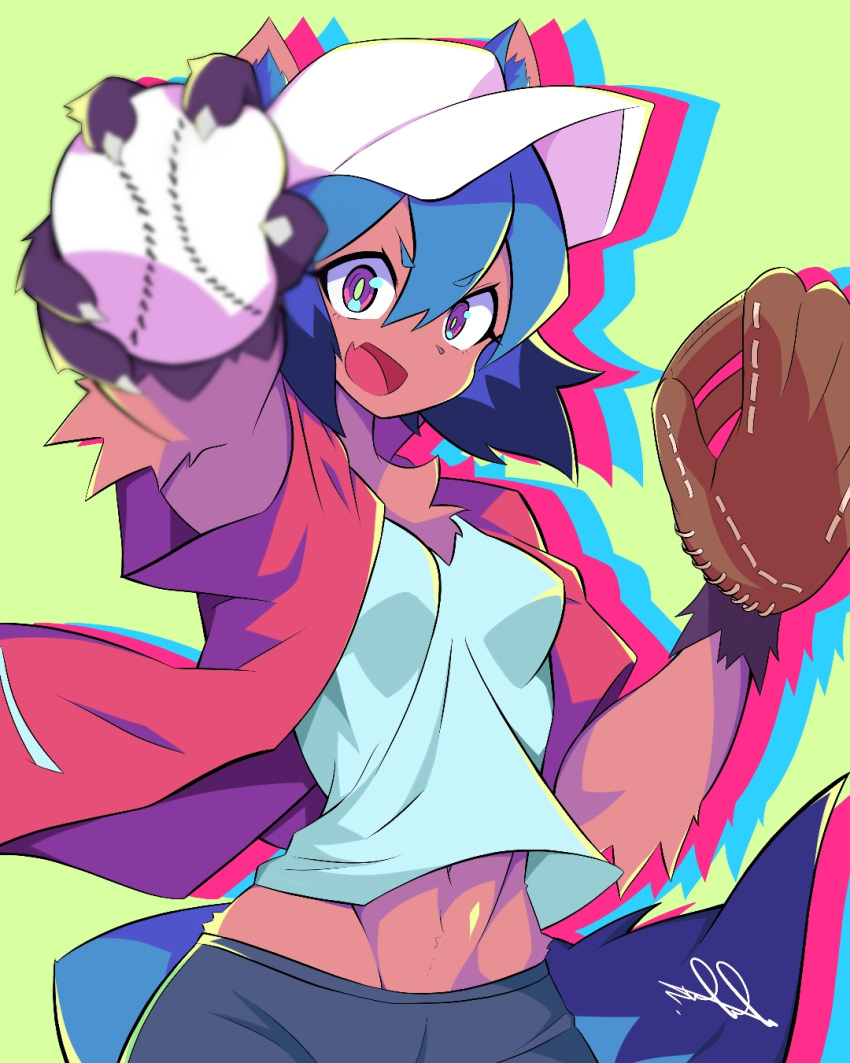 1girl animal_ears animal_hands animal_nose baseball baseball_cap baseball_mitt blue_hair body_fur brand_new_animal breasts brown_fur djdjdn_7 dolphin_shorts fangs furry furry_female hat highres jacket kagemori_michiru looking_at_viewer medium_breasts multicolored_hair open_mouth raccoon_ears raccoon_girl raccoon_nose raccoon_tail red_jacket short_hair shorts smile solo tail tanuki track_jacket