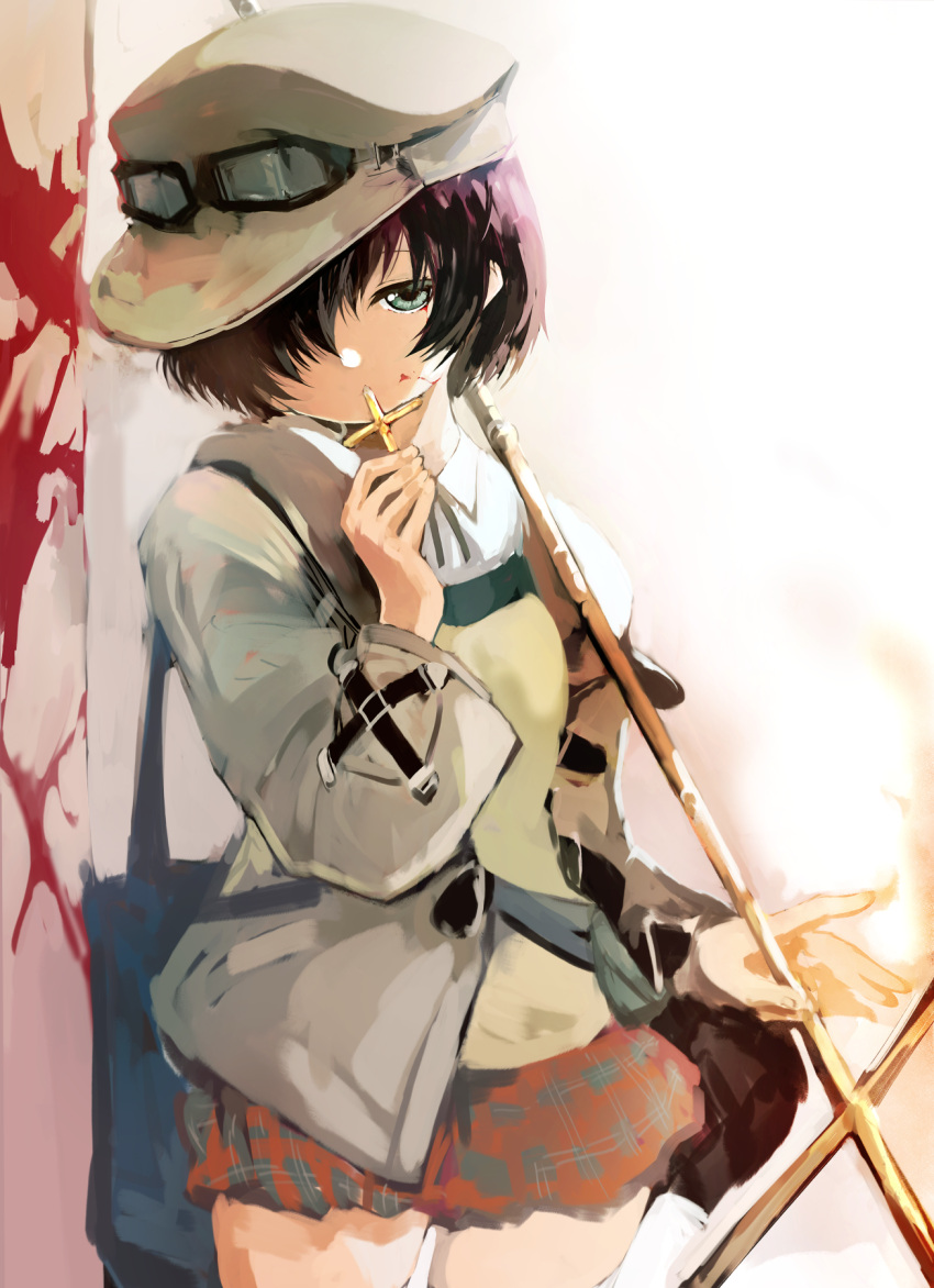 1girl agulo bag blood blood_on_face collared_shirt crook_mofus cross goggles goggles_on_headwear green_eyes hair_over_one_eye hat highres holding holding_cross jacket miniskirt rance_(series) rance_quest shirt short_hair shoulder_bag simple_background skirt solo thighs