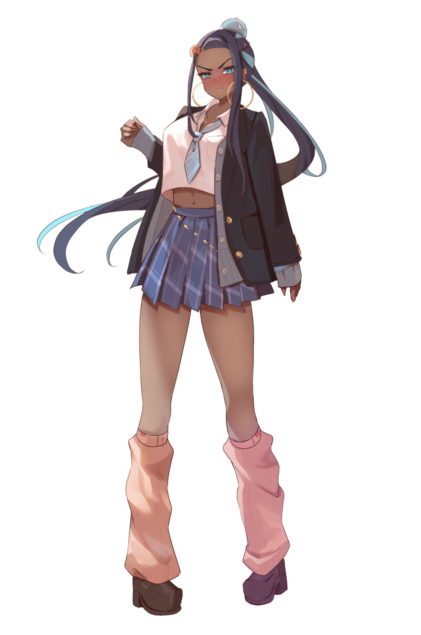 baggy_socks black_jacket blazer blue_eyes blue_hair breasts brown_footwear dark-skinned_female dark_skin earrings grey_sweater highres hoop_earrings jacket jewelry medium_breasts midriff momdy_(talesshinja) multicolored_hair navel necktie nessa_(pokemon) pink_socks pokemon pokemon_swsh shirt socks sweater two-tone_hair white_shirt