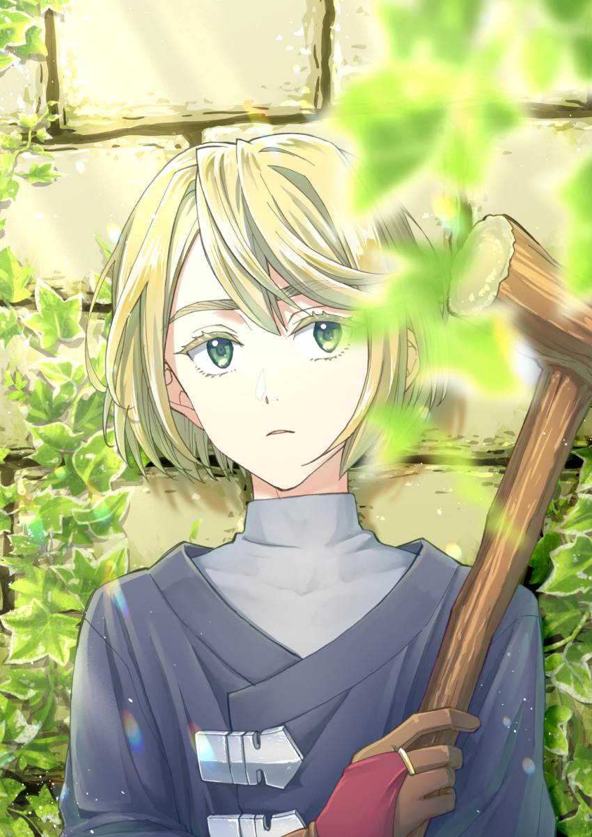 1boy against_wall bishounen blonde_hair brick_wall character_request colored_eyelashes commentary_request coppe_(pixiv_104389073) facing_viewer green_eyes hair_between_eyes highres holding holding_staff looking_to_the_side male_focus plant short_hair solo staff unicorn_overlord upper_body vines wooden_staff