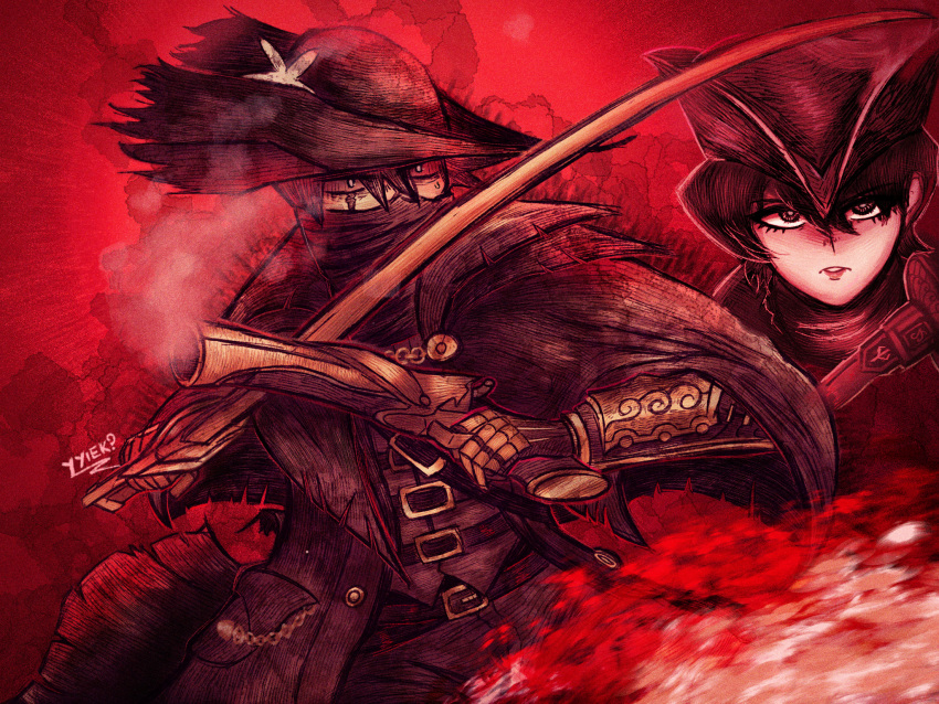 1boy 1girl black_hair bloodborne cloak coat cosplay flower gloves gun hat highres holding holding_gun holding_weapon hunter_(bloodborne) hunter_(bloodborne)_(cosplay) jacket komi-san_wa_komyushou_desu komi_shuuko lady_maria_of_the_astral_clocktower leather leather_jacket looking_at_viewer short_hair sword tadano_hitohito tricorne weapon yyiek?