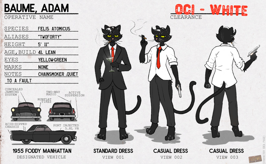 alcohol anthro beverage car cigarette clothing cocktail cocktail_glass container cup domestic_cat dress_shirt drinking_glass english_text felid feline felis food fruit glass glass_container glass_cup gun hi_res male mammal martini model_sheet necktie olive_(fruit) plant posspowered ranged_weapon shirt smoking solo suit text topwear vehicle weapon