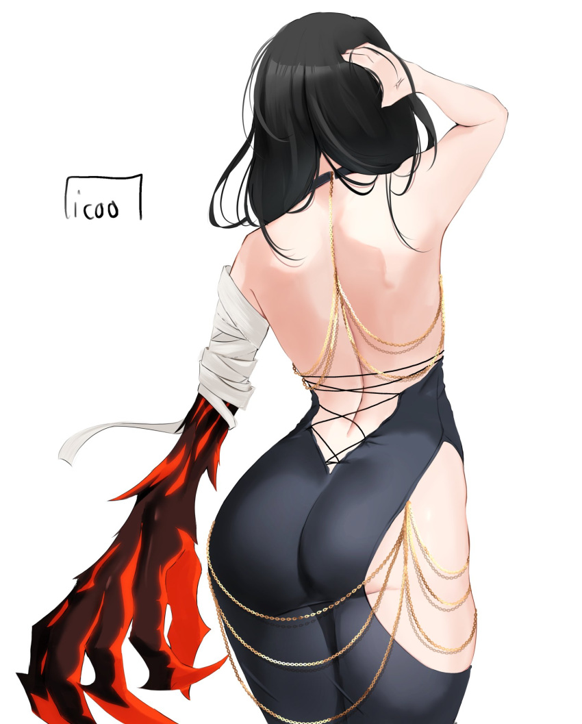 1girl arm_behind_head artist_name ass bare_shoulders black_choker black_dress black_hair chain choker claws dress from_behind gold_chain highres hip_vent icoo modakawa_dress solo tales_of_(series) tales_of_berseria velvet_crowe